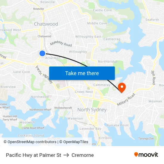 Pacific Hwy at Palmer St to Cremorne map