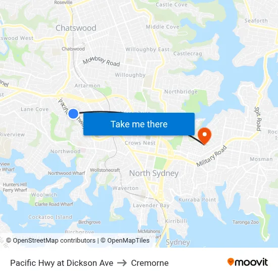 Pacific Hwy at Dickson Ave to Cremorne map