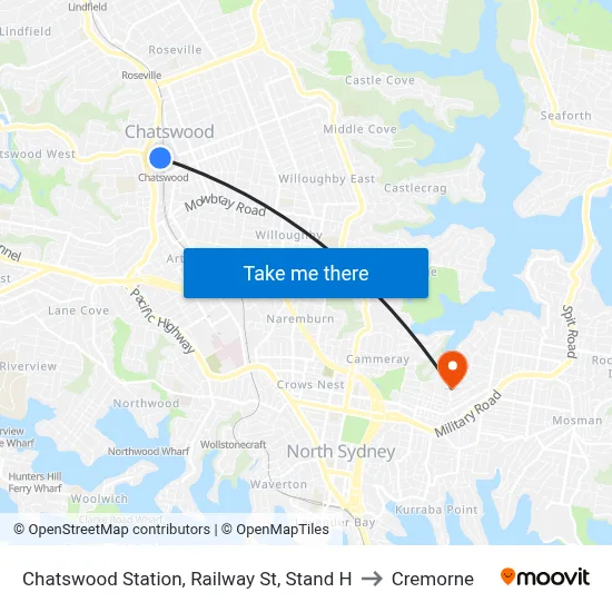 Chatswood Station, Railway St, Stand H to Cremorne map