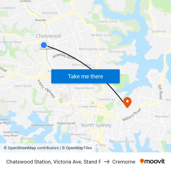 Chatswood Station, Victoria Ave, Stand F to Cremorne map