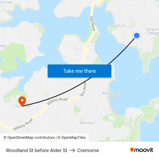 Woodland St before Alder St to Cremorne map