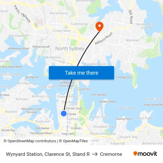 Wynyard Station, Clarence St, Stand R to Cremorne map