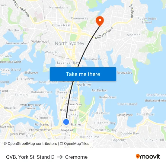 QVB, York St, Stand D to Cremorne map