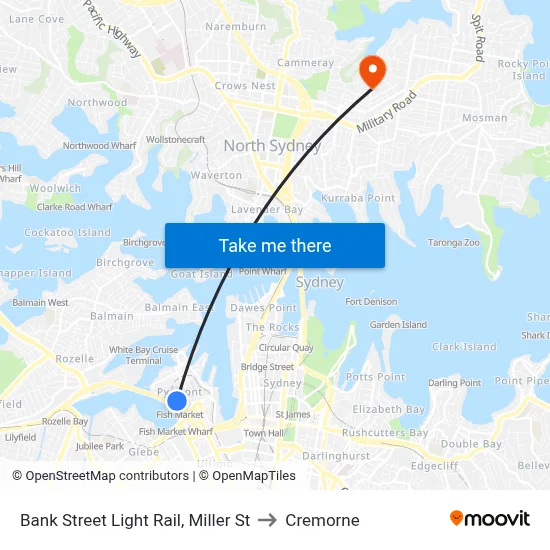 Bank Street Light Rail, Miller St to Cremorne map