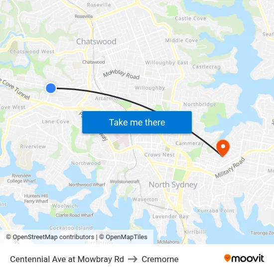 Centennial Ave at Mowbray Rd to Cremorne map