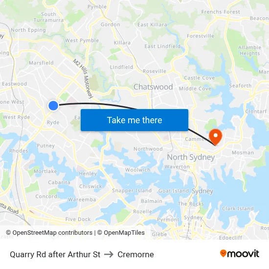 Quarry Rd after Arthur St to Cremorne map