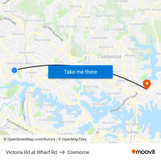 Victoria Rd at Wharf Rd to Cremorne map