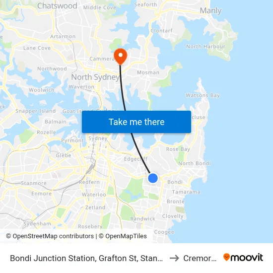 Bondi Junction Station, Grafton St, Stand R to Cremorne map