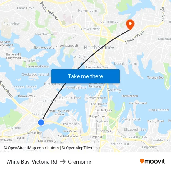 White Bay, Victoria Rd to Cremorne map