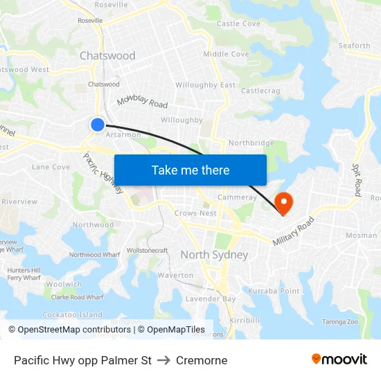 Pacific Hwy opp Palmer St to Cremorne map