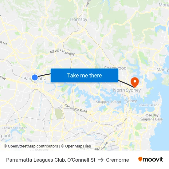 Parramatta Leagues Club, O'Connell St to Cremorne map