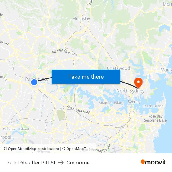 Park Pde after Pitt St to Cremorne map