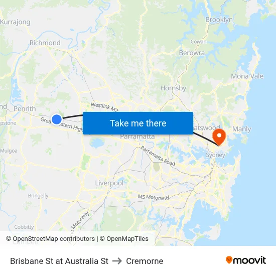 Brisbane St at Australia St to Cremorne map