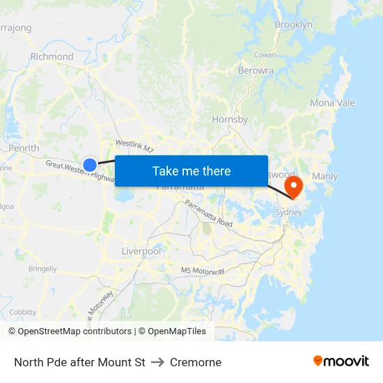 North Pde after Mount St to Cremorne map