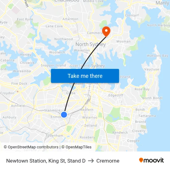Newtown Station, King St, Stand D to Cremorne map