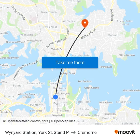Wynyard Station, York St, Stand P to Cremorne map