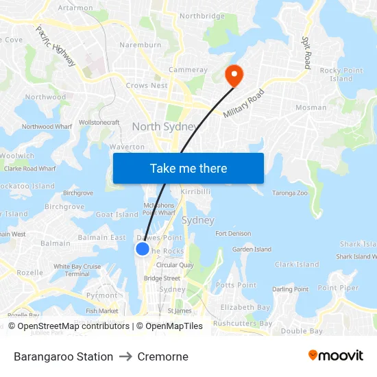 Barangaroo Station to Cremorne map