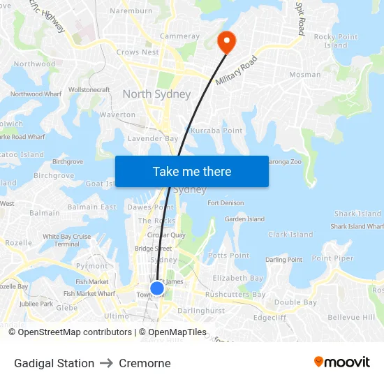Gadigal Station to Cremorne map