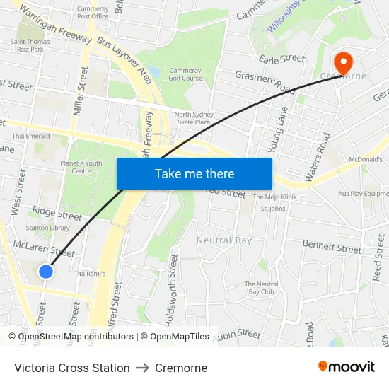 Victoria Cross Station to Cremorne map