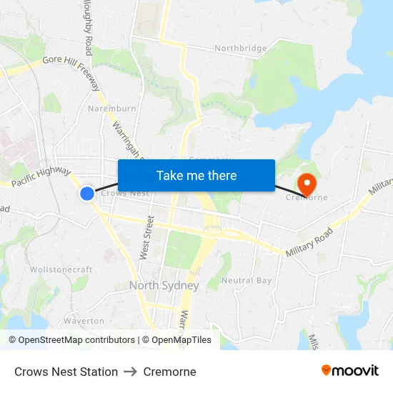 Crows Nest Station to Cremorne map