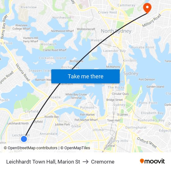 Leichhardt Town Hall, Marion St to Cremorne map