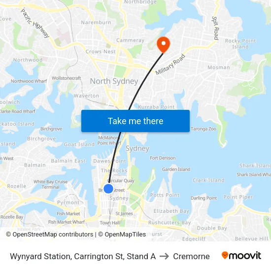 Wynyard Station, Carrington St, Stand A to Cremorne map