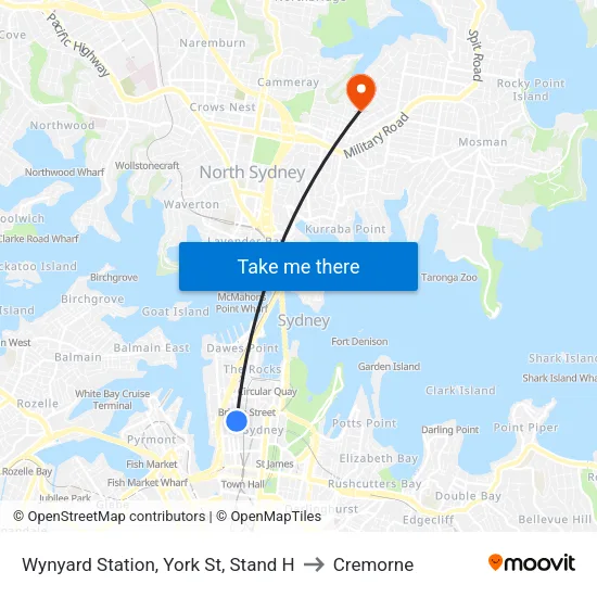 Wynyard Station, York St, Stand H to Cremorne map