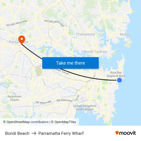 Bondi Beach to Parramatta Ferry Wharf map