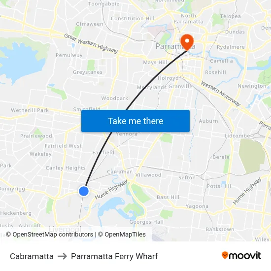 Cabramatta to Parramatta Ferry Wharf map