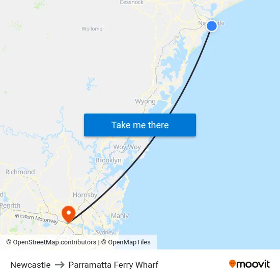 Newcastle to Parramatta Ferry Wharf map