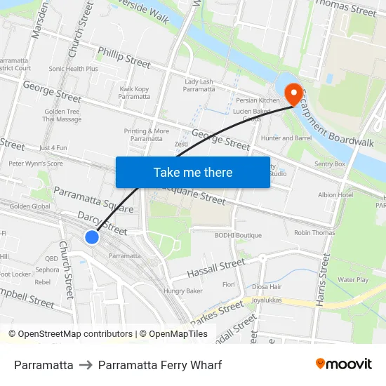 Parramatta to Parramatta Ferry Wharf map