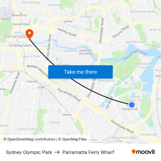 Sydney Olympic Park to Parramatta Ferry Wharf map