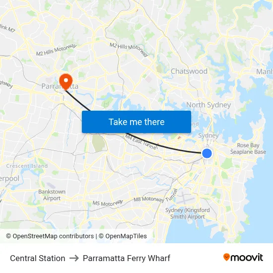Central Station to Parramatta Ferry Wharf map