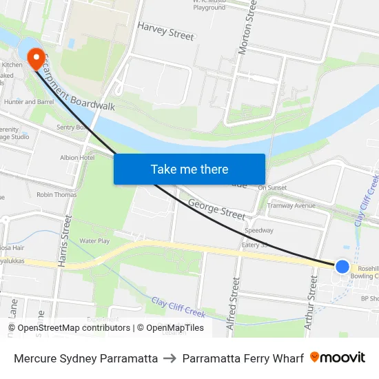 Mercure Sydney Parramatta to Parramatta Ferry Wharf map