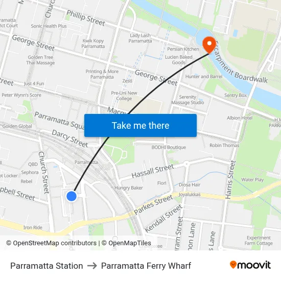 Parramatta Station to Parramatta Ferry Wharf map