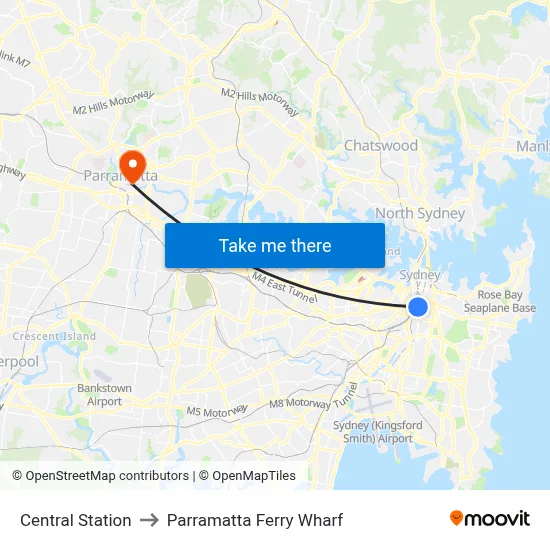 Central Station to Parramatta Ferry Wharf map