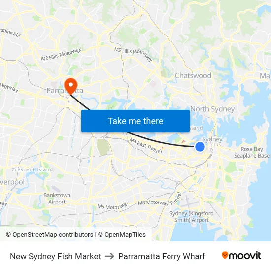 New Sydney Fish Market to Parramatta Ferry Wharf map