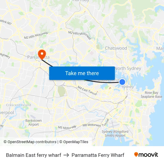 Balmain East ferry wharf to Parramatta Ferry Wharf map