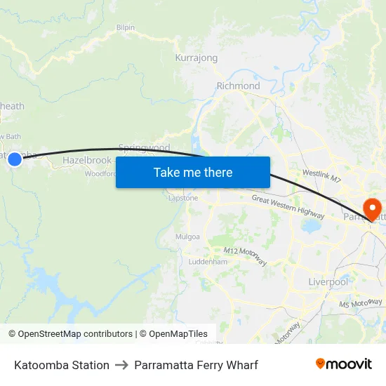 Katoomba Station to Parramatta Ferry Wharf map