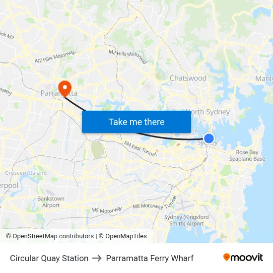 Circular Quay Station to Parramatta Ferry Wharf map