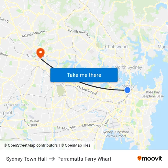Sydney Town Hall to Parramatta Ferry Wharf map