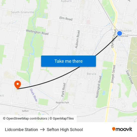 Lidcombe Station to Sefton High School map
