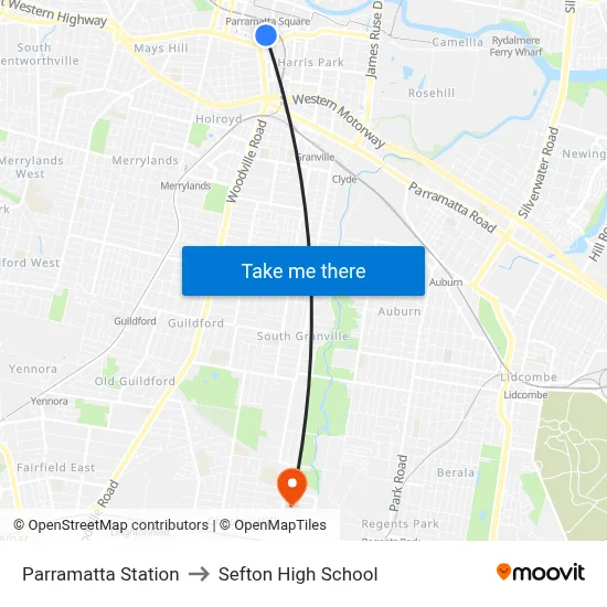 Parramatta Station to Sefton High School map