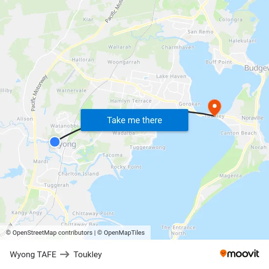 Wyong TAFE to Toukley map