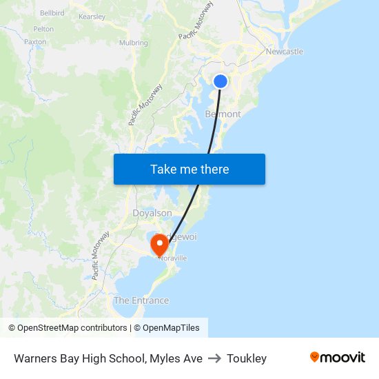 Warners Bay High School, Myles Ave to Toukley map
