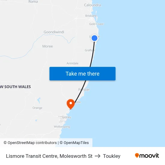 Lismore Transit Centre, Molesworth St to Toukley map