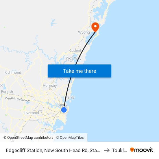 Edgecliff Station, New South Head Rd, Stand P to Toukley map