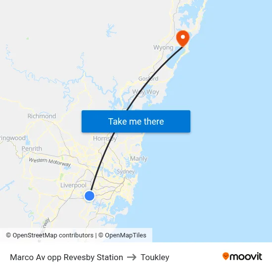 Marco Av opp Revesby Station to Toukley map