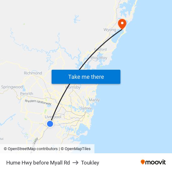 Hume Hwy before Myall Rd to Toukley map