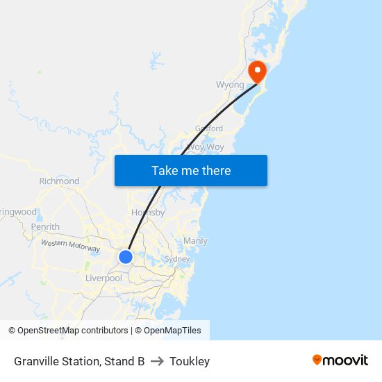 Granville Station, Stand B to Toukley map